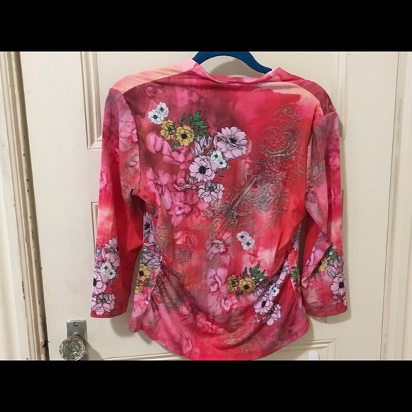 Beautiful Boho Chic Pink Ruched 3/4 Sleeve Top - Picture 3 of 7